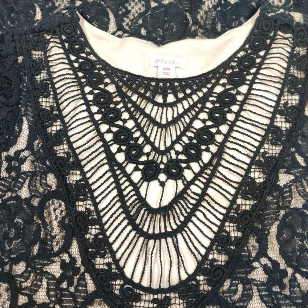 Xhilaration Black Lace Overlay cap sleeve cocktail A-line dress boho short sz M - Picture 4 of 6